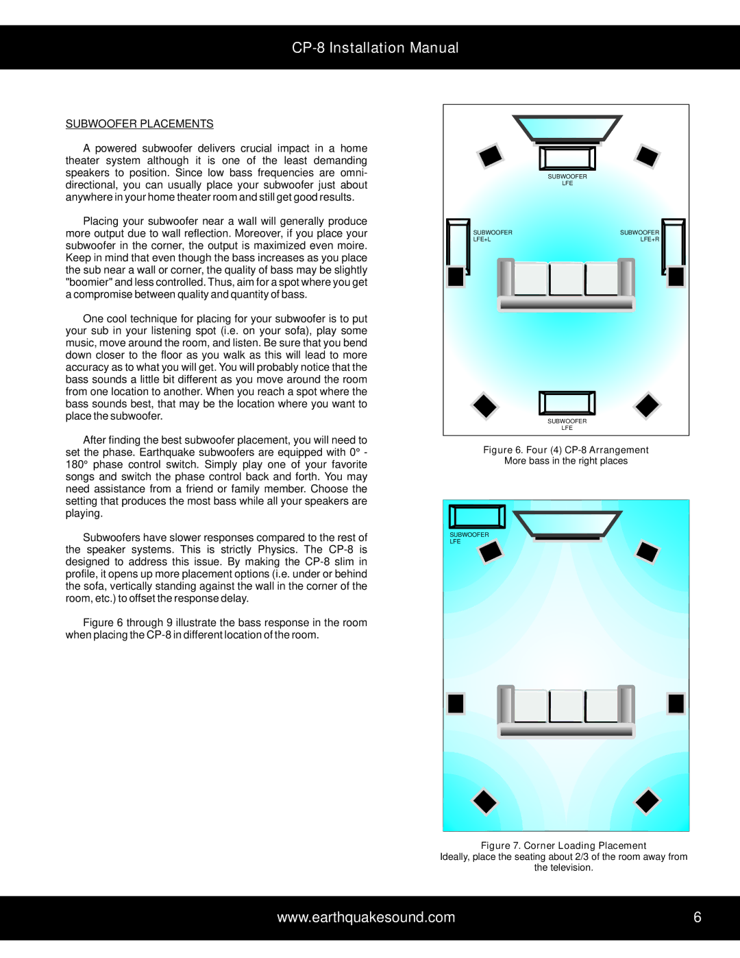 Earthquake Sound user manual Subwoofer Placements, Four 4 CP-8 Arrangement 