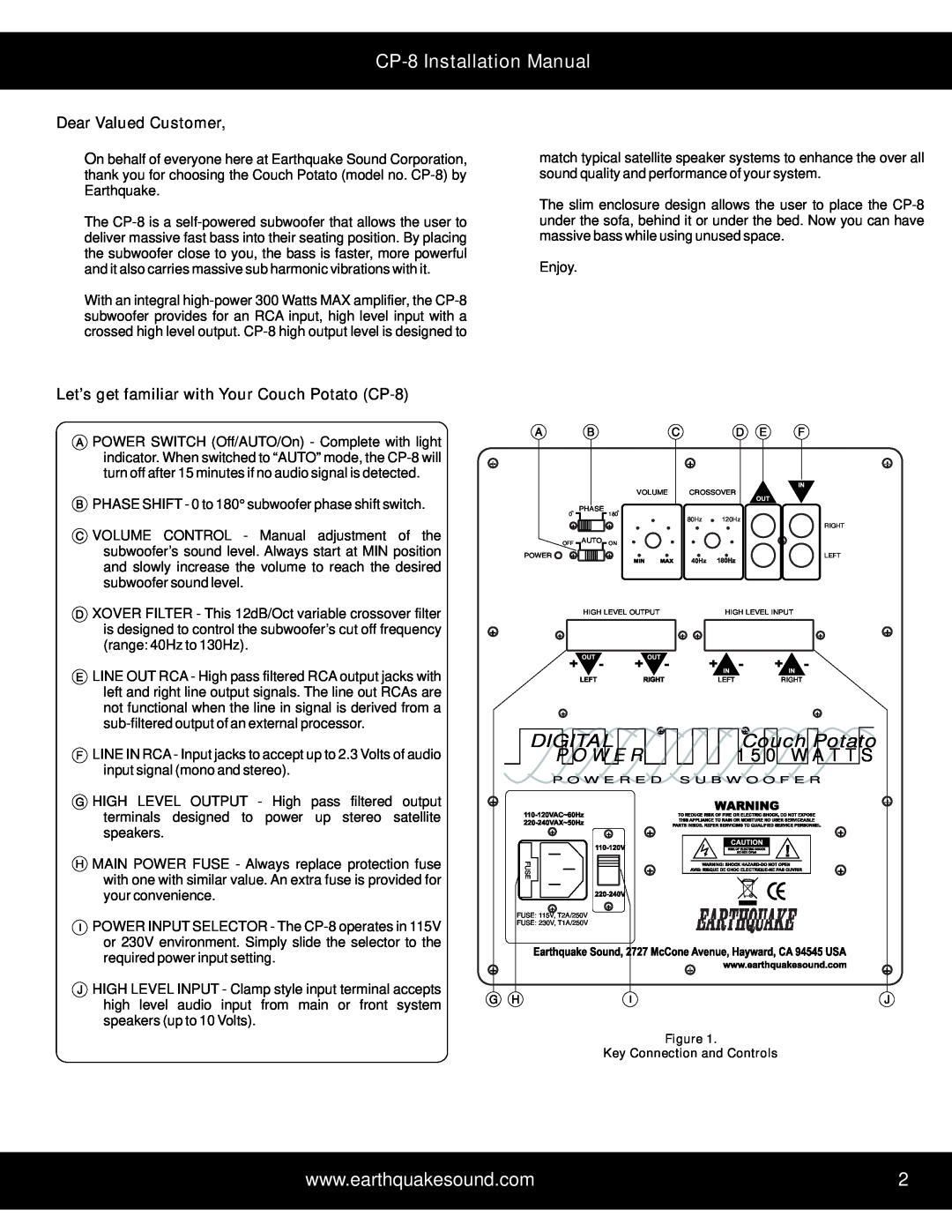 Earthquake Sound CP-8Installation Manual, Dear Valued Customer, Let’s get familiar with Your Couch Potato CP-8, Digital 