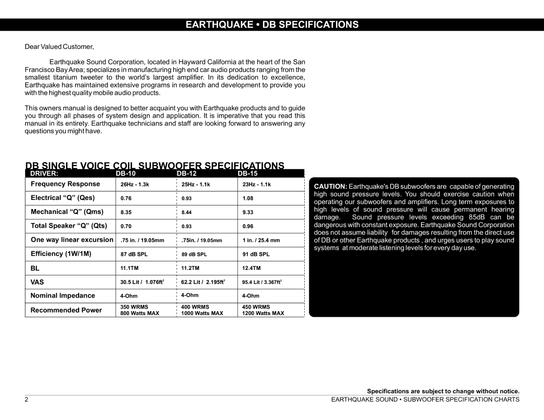 Earthquake Sound DB-10, DB-15, DB-12 manual Earthquake DB Specifications, DB Single Voice Coil Subwoofer Specifications 