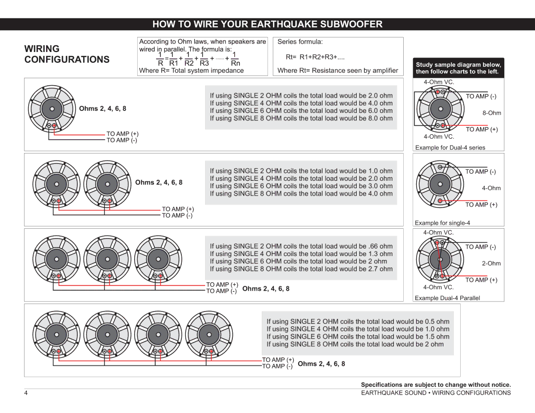 Earthquake Sound DB-12, DB-15, DB-10 manual HOW to Wire Your Earthquake Subwoofer, Wiring, Configurations, Ohms 2, 4, 6 