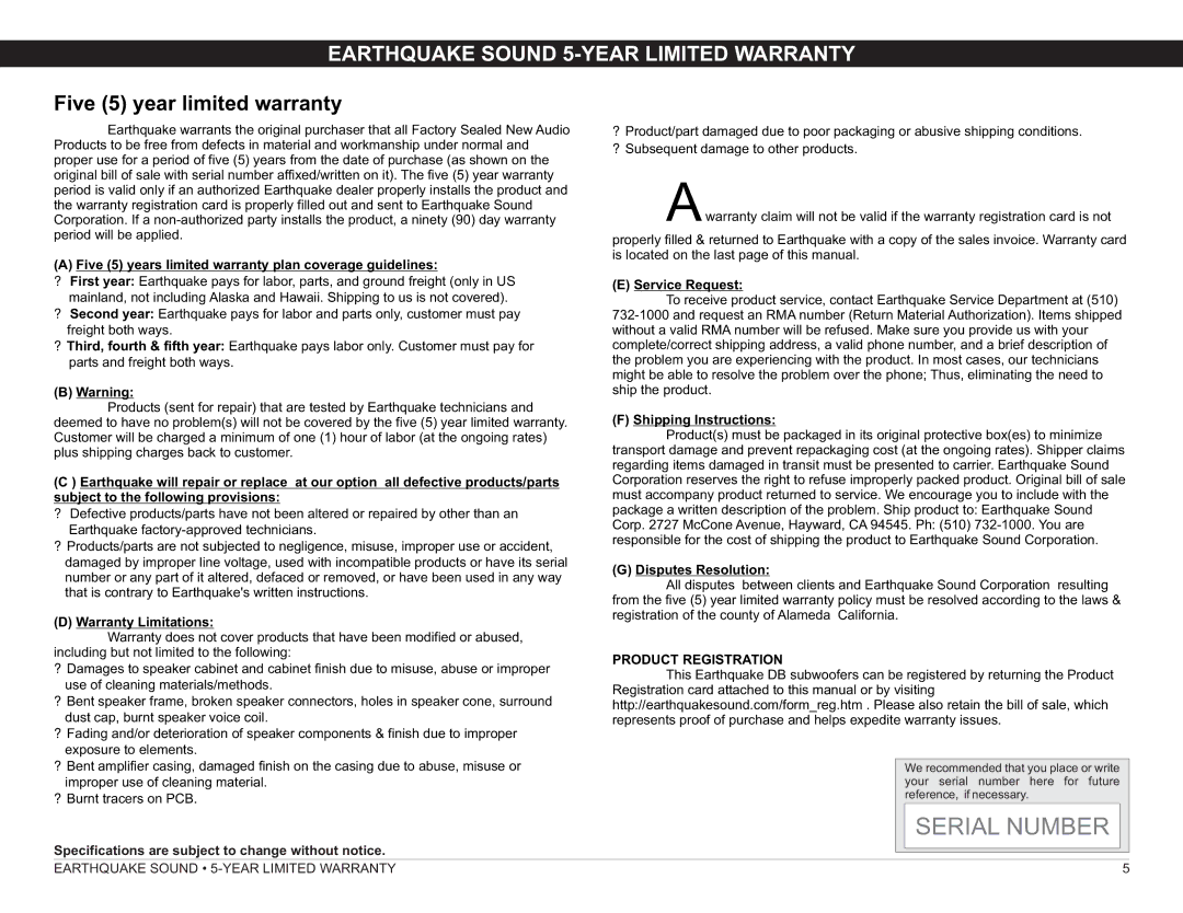 Earthquake Sound DB-10, DB-15, DB-12 manual Earthquake Sound 5-YEAR Limited Warranty, Five 5 year limited warranty 