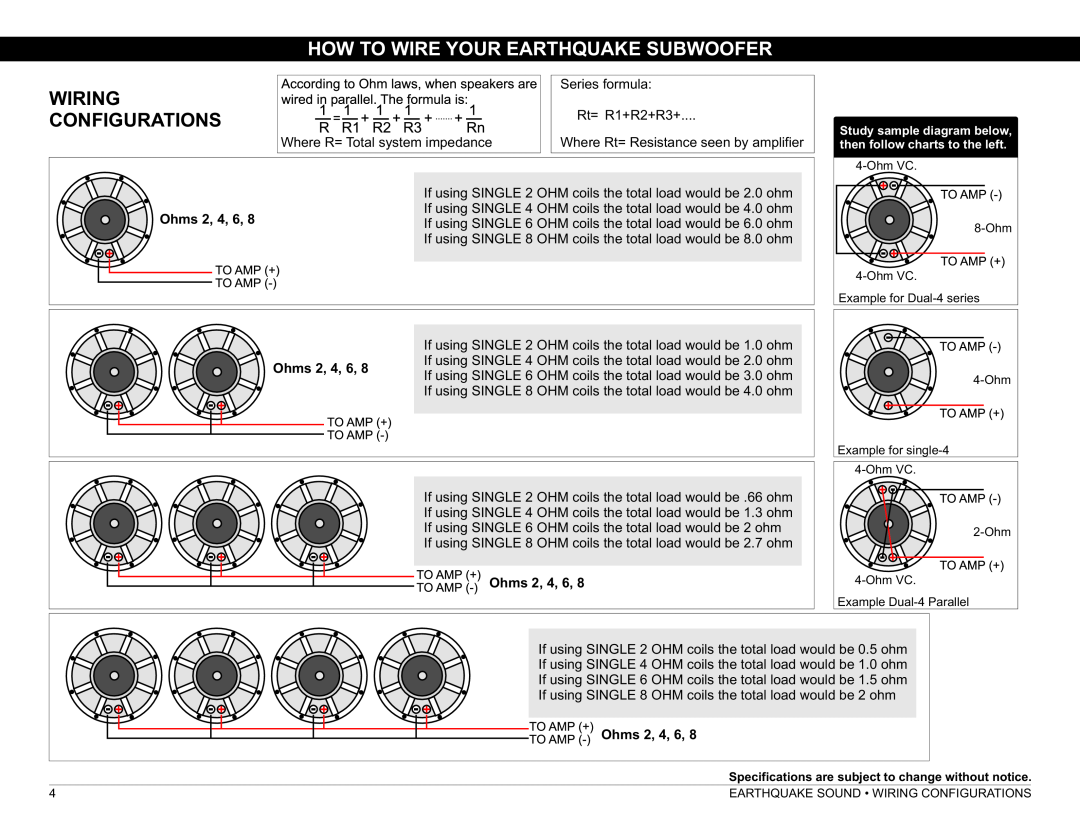Earthquake Sound DB-12, DB-15, DB-10 manual How To Wire Your Earthquake Subwoofer, Wiring, Configurations 