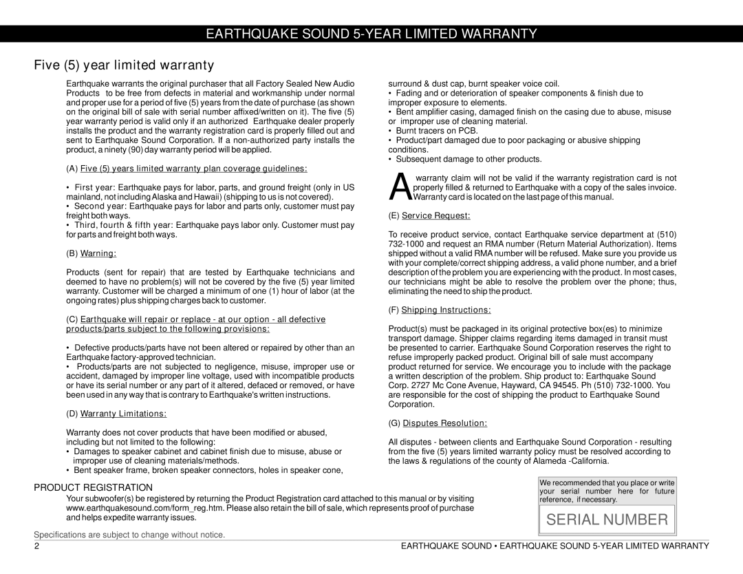 Earthquake Sound DBXI-15D, DBXI-10D, DBXI-12D manual Earthquake Sound 5-YEAR Limited Warranty, Product Registration 