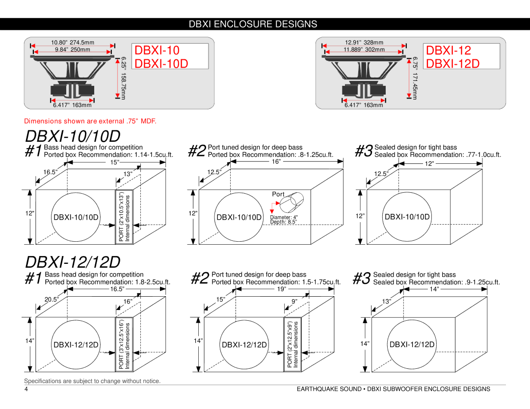 Earthquake Sound DBXI-15D, DBXI-10D, DBXI-12D manual DBXI-10/10D, DBXI-12/12D, Dbxi Enclosure Designs 