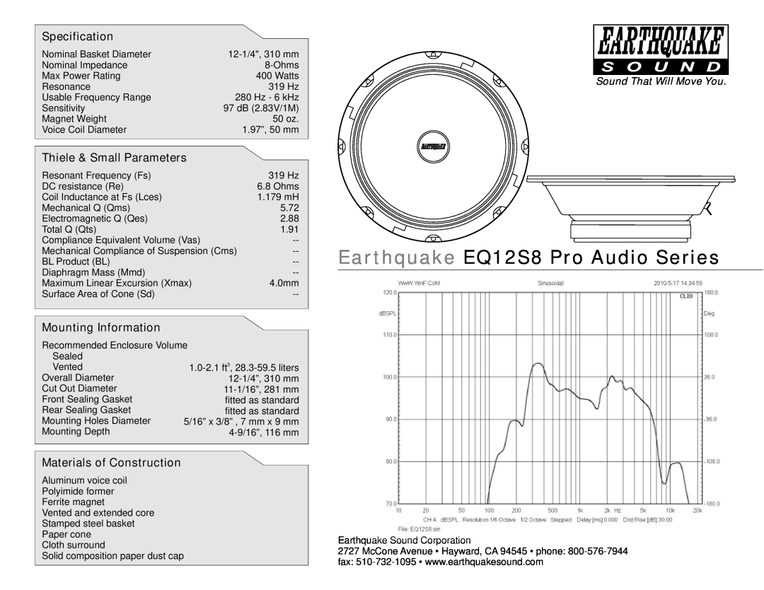 Earthquake Sound manual Earthquake EQ12S8 Pro Audio Series, Specification, Thiele & Small Parameters 