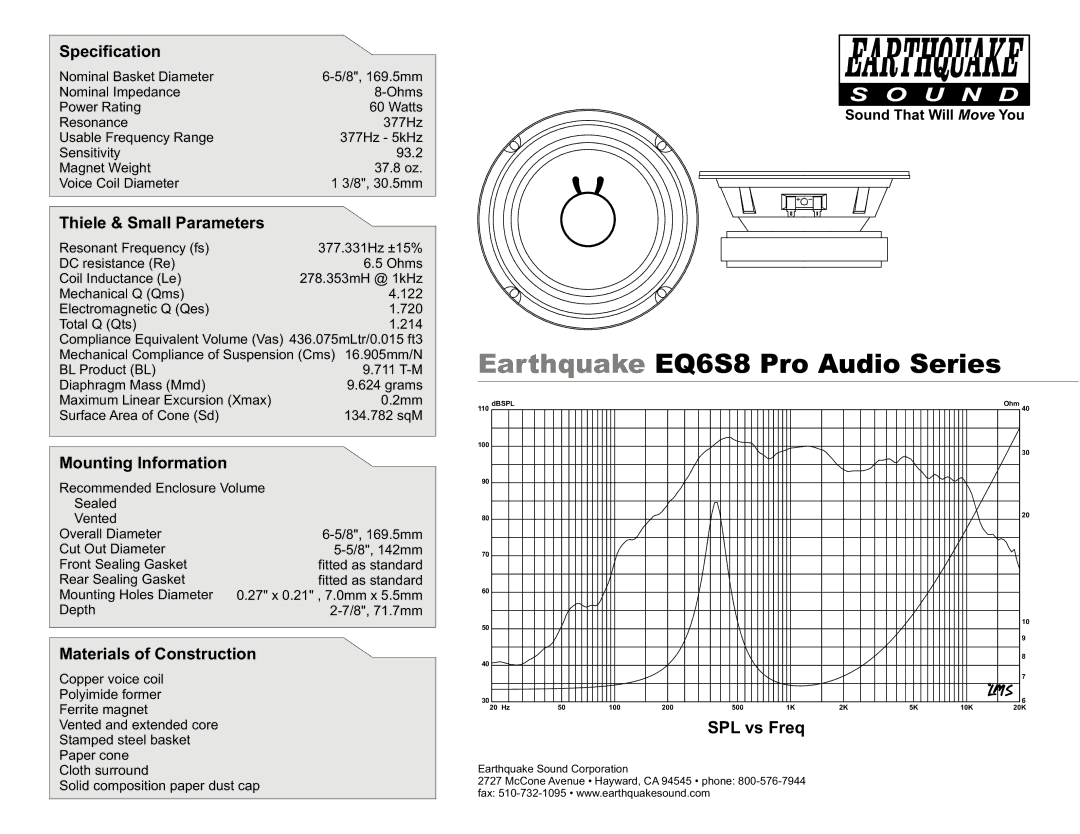 Earthquake Sound manual Earthquake EQ6S8 Pro Audio Series, Specification, Thiele & Small Parameters 