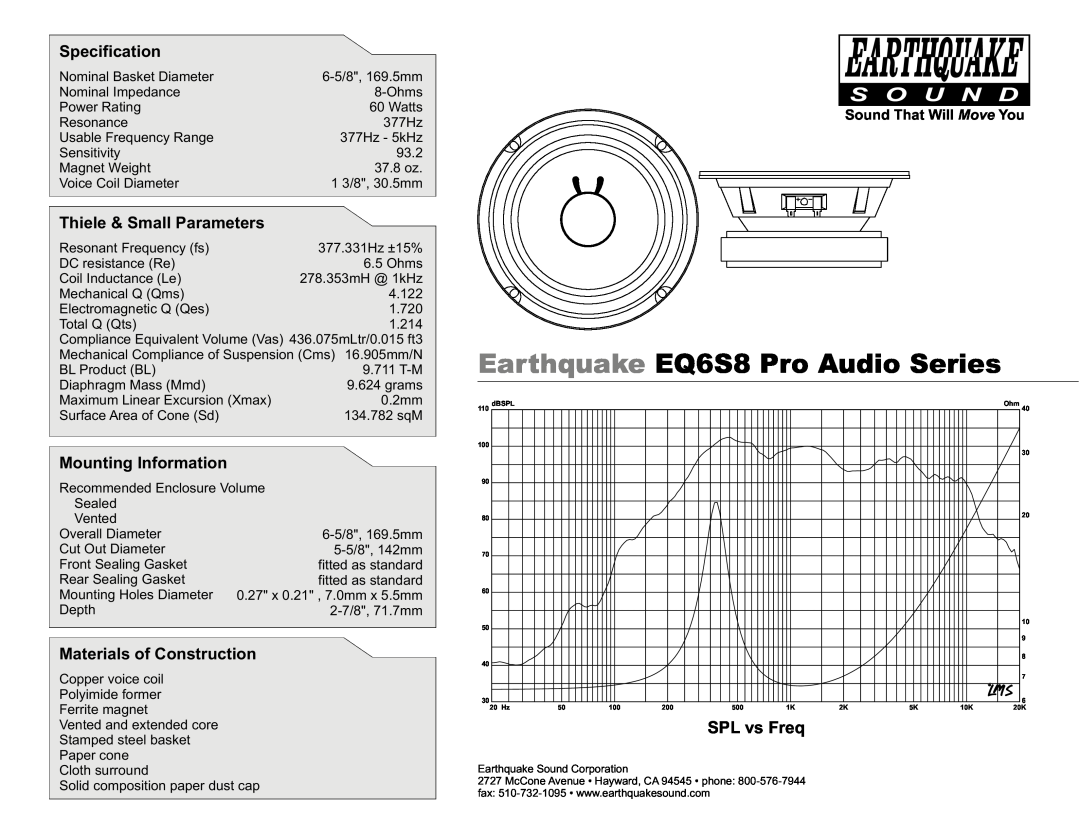 Earthquake Sound manual Earthquake EQ6S8 Pro Audio Series, SPL vs Freq, Specification, Thiele & Small Parameters 