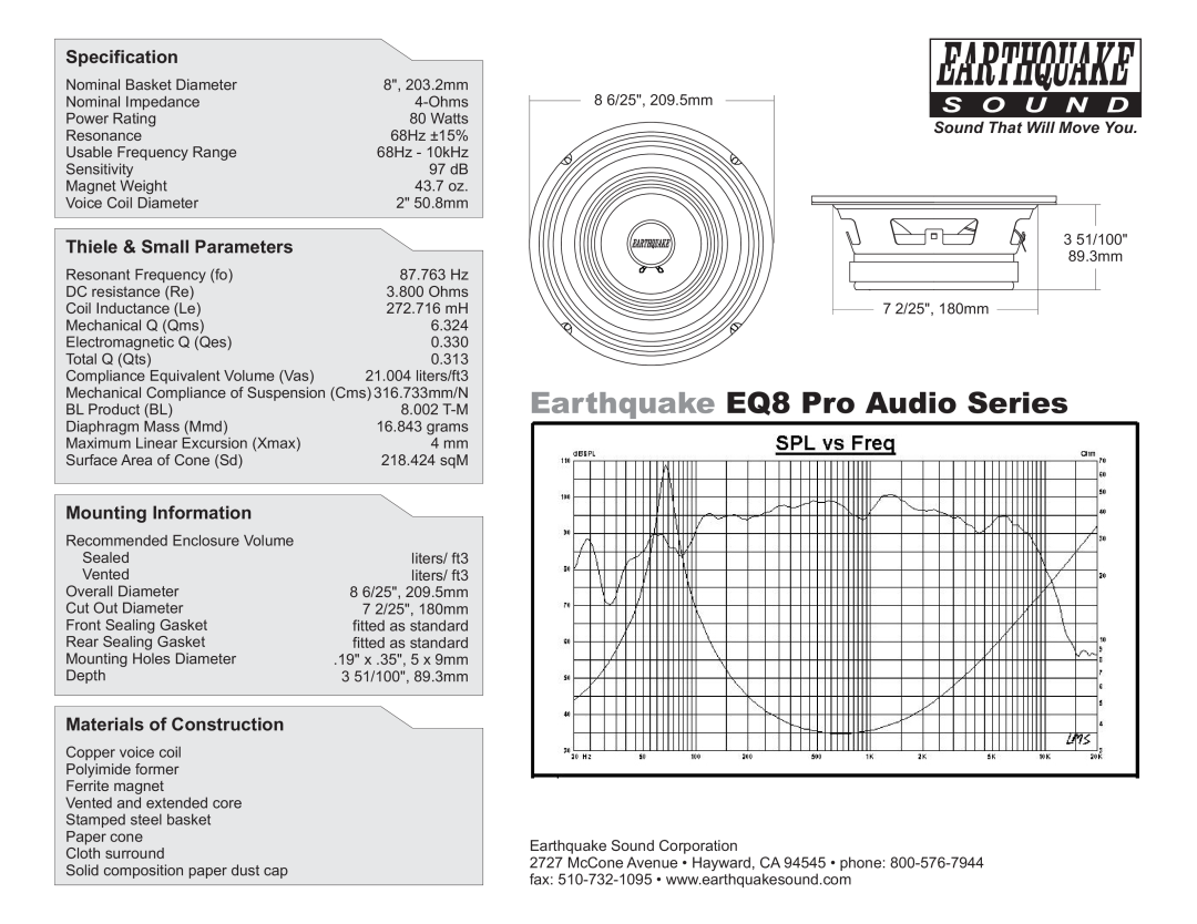 Earthquake Sound manual Earthquake EQ8 Pro Audio Series, Specification, Thiele & Small Parameters, Mounting Information 