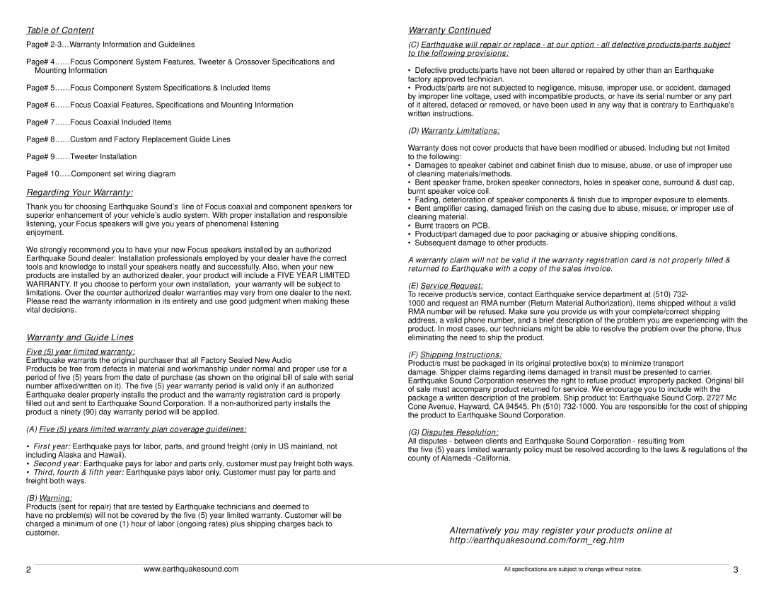 Earthquake Sound FS6.5, FC5.2, F6x9, F5x7, F4.0, F5.25 Table of Content, Regarding Your Warranty, Warranty and Guide Lines 