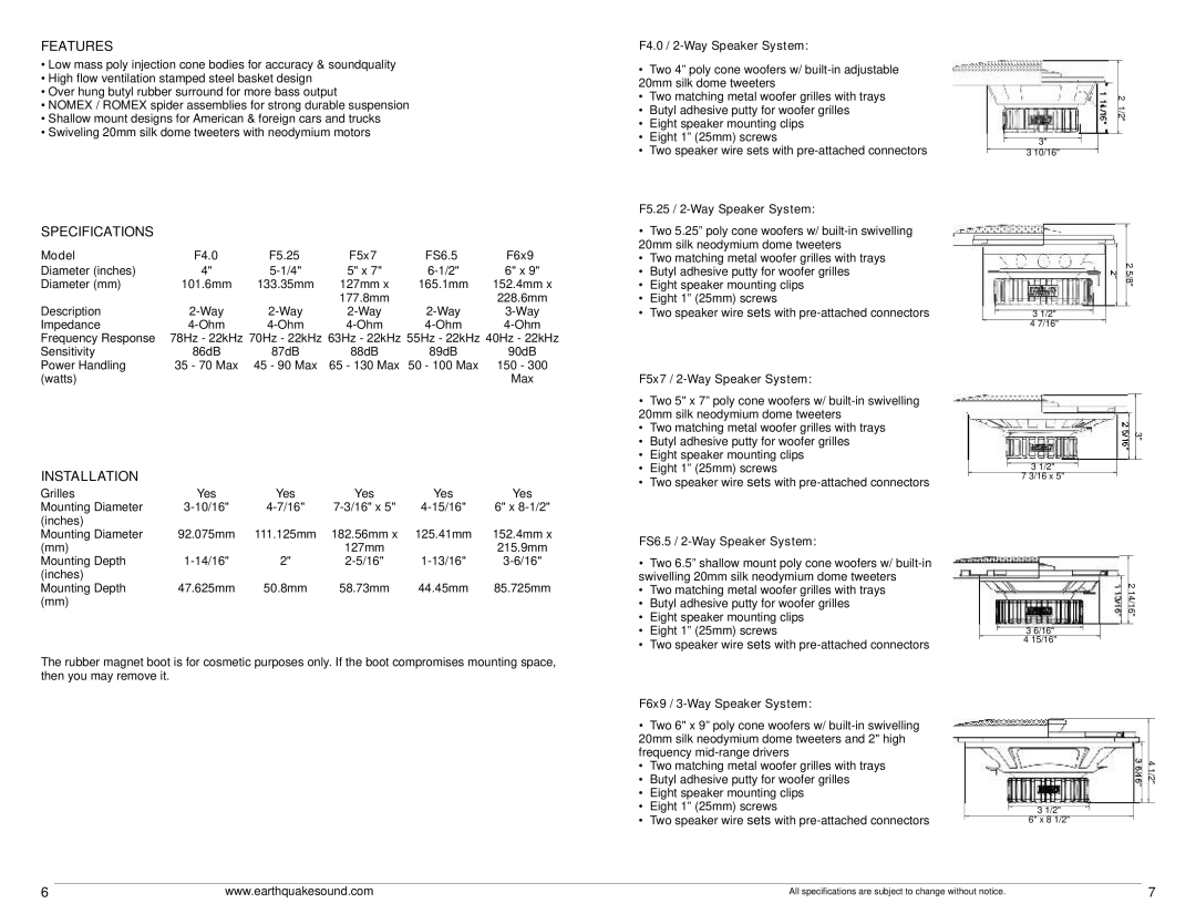 Earthquake Sound F4.0, FC5.2, F6x9, FS6.5, F5x7, F5.25 owner manual Installation 