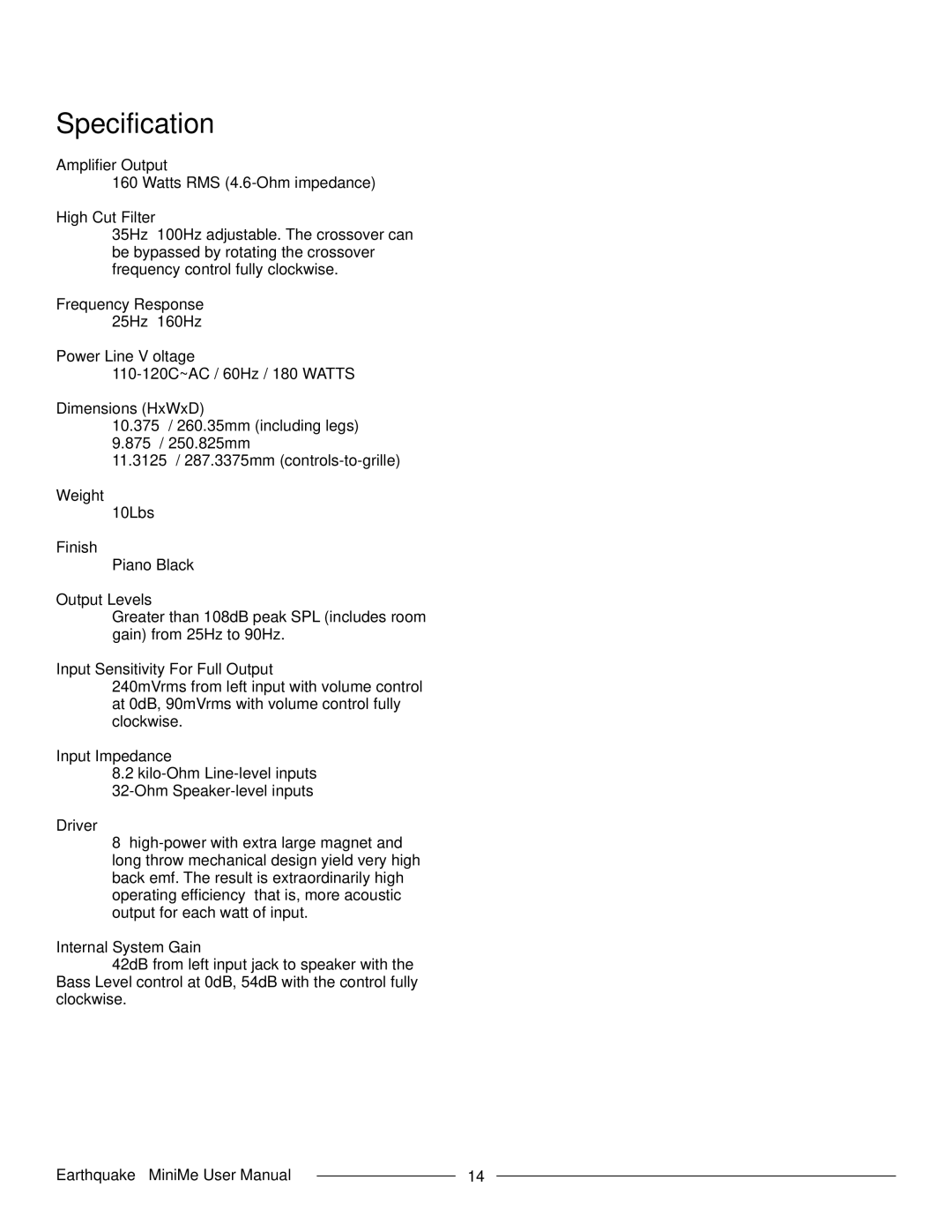 Earthquake Sound FF8 manual Specification, High Cut Filter 