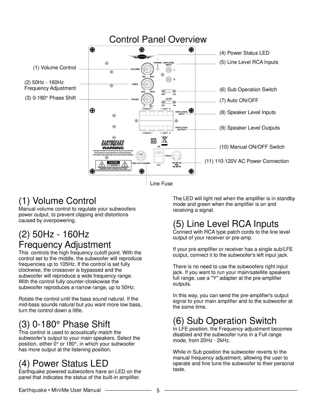 Earthquake Sound FF8 manual Control Panel Overview, Volume Control, 50Hz 160Hz Frequency Adjustment, Line Level RCA Inputs 