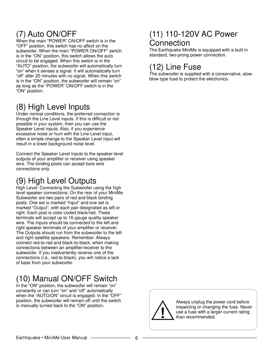 Earthquake Sound FF8 manual Auto ON/OFF, High Level Inputs, High Level Outputs, Manual ON/OFF Switch, Line Fuse 