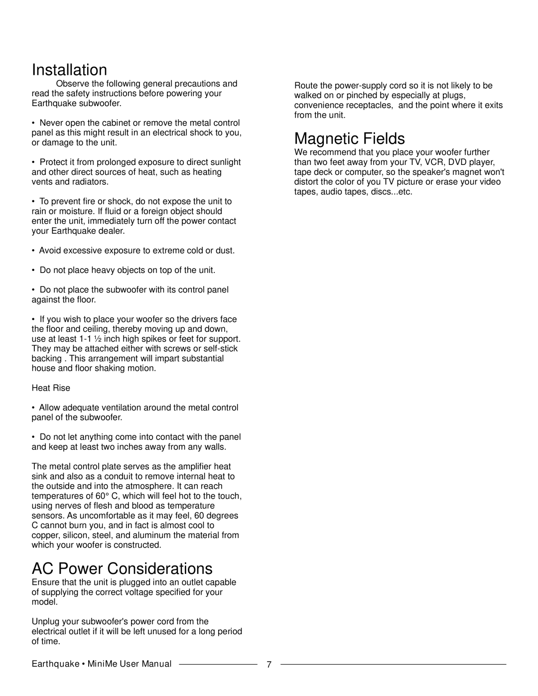 Earthquake Sound FF8 manual Installation, AC Power Considerations, Magnetic Fields 