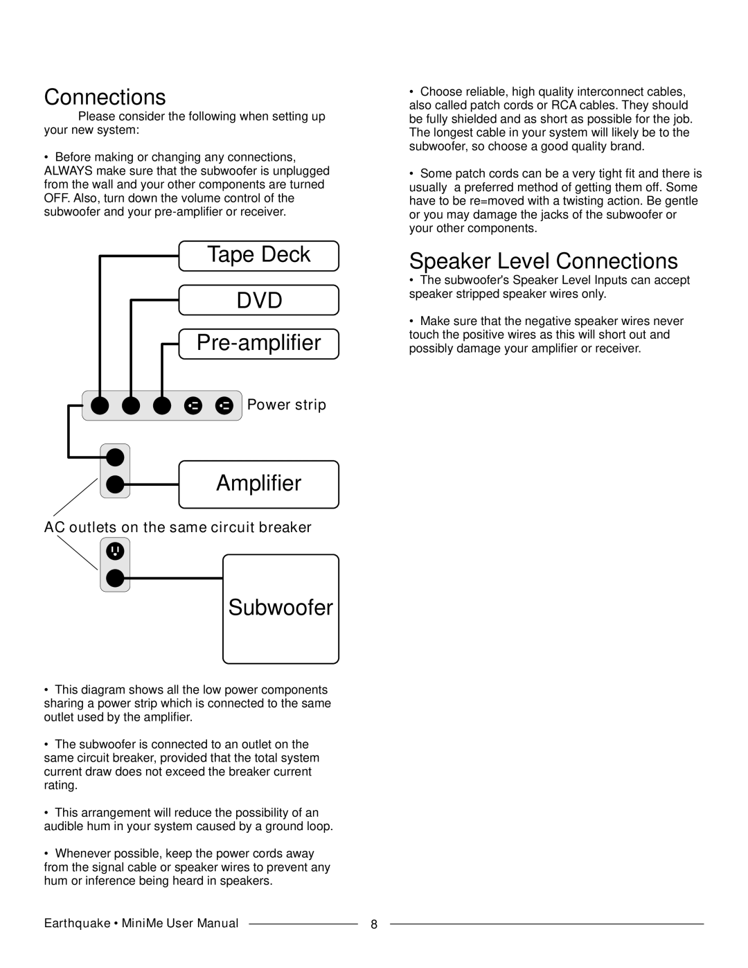 Earthquake Sound FF8 manual Tape Deck, Pre-amplifier, Amplifier, Subwoofer, Speaker Level Connections 