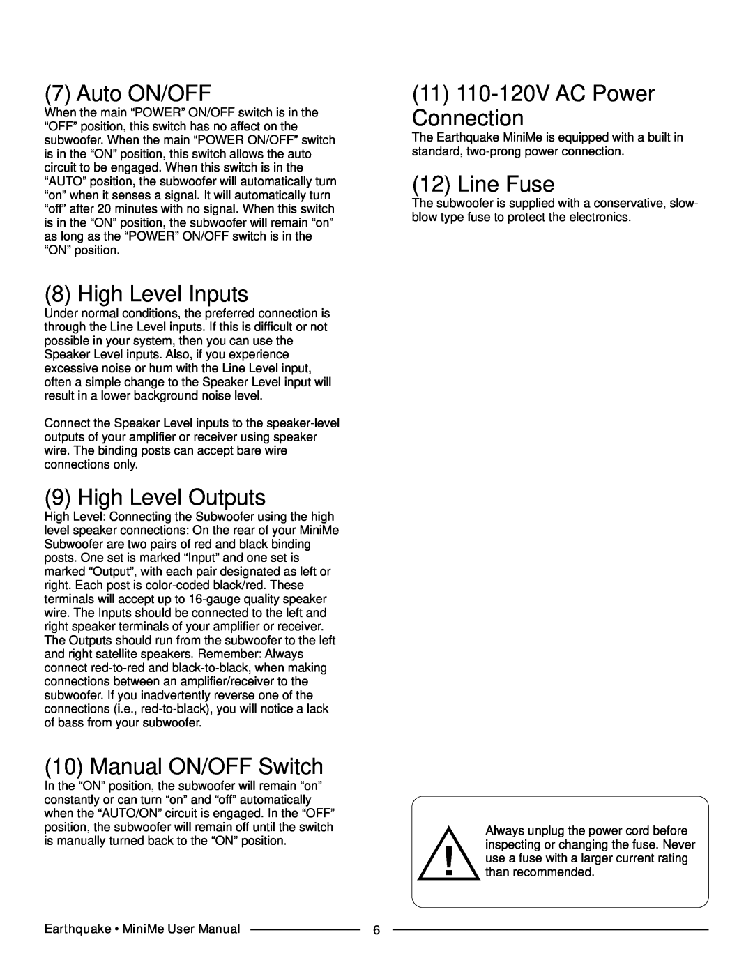 Earthquake Sound FF8 manual Auto ON/OFF, High Level Inputs, High Level Outputs, Manual ON/OFF Switch, Line Fuse 