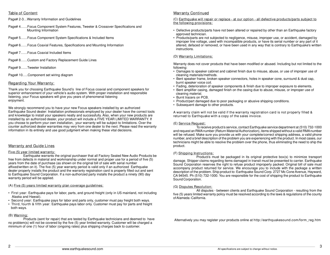 Earthquake Sound Focus owner manual Table of Content, Regarding Your Warranty, Warranty and Guide Lines 