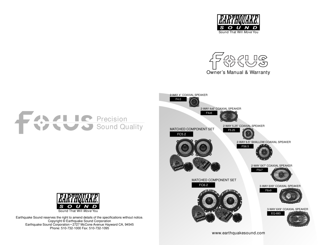 Earthquake Sound Focus owner manual FC5.2, FC6.2, Precision Sound Quality 