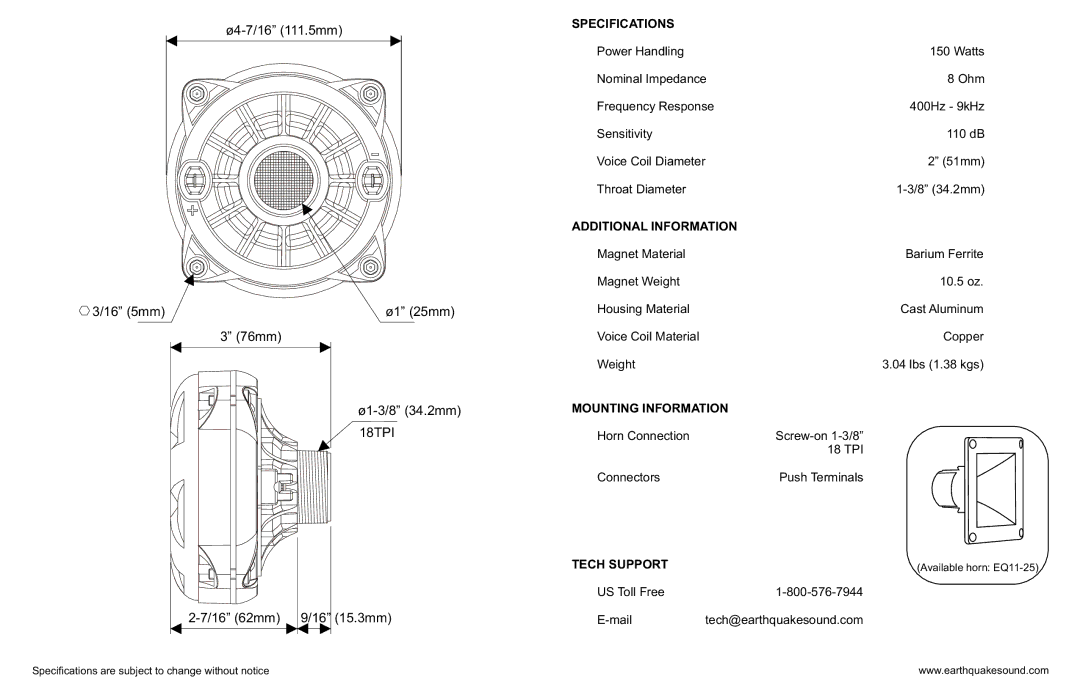 Earthquake Sound HD250-X owner manual Ø4-7/16 111.5mm, 16 5mm Ø1 25mm, 76mm, Ø1-3/8 34.2mm, 16 62mm 16 15.3mm 