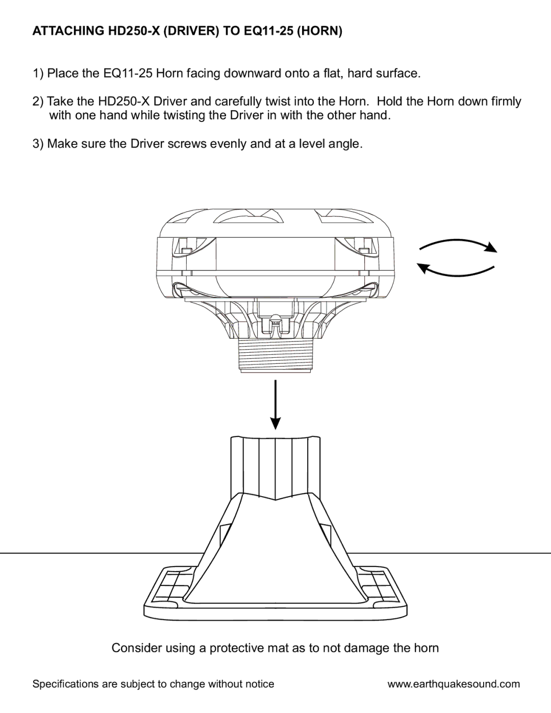 Earthquake Sound owner manual Attaching HD250-X Driver to EQ11-25 Horn 