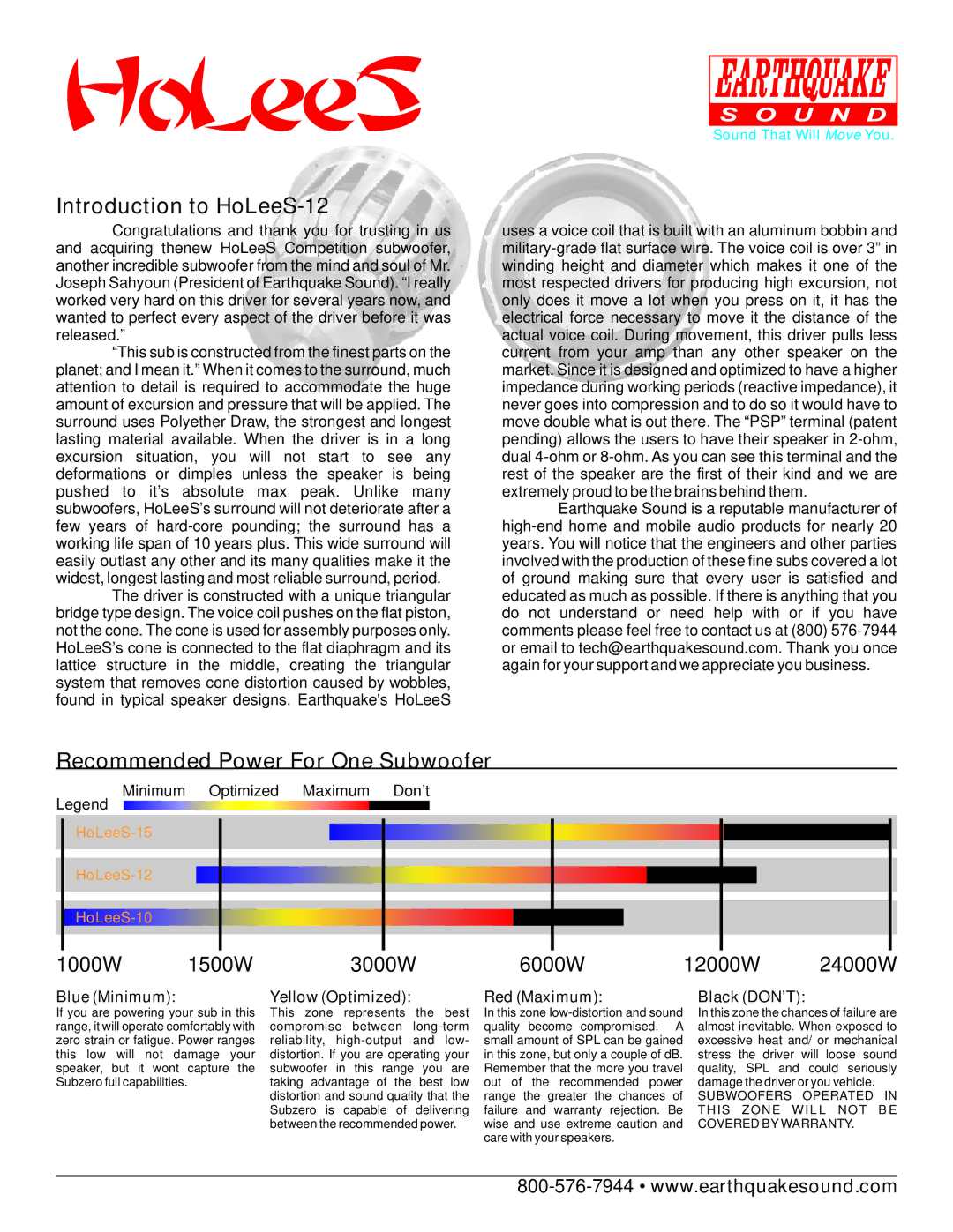 Earthquake Sound warranty Introduction to HoLeeS-12, Recommended Power For One Subwoofer 