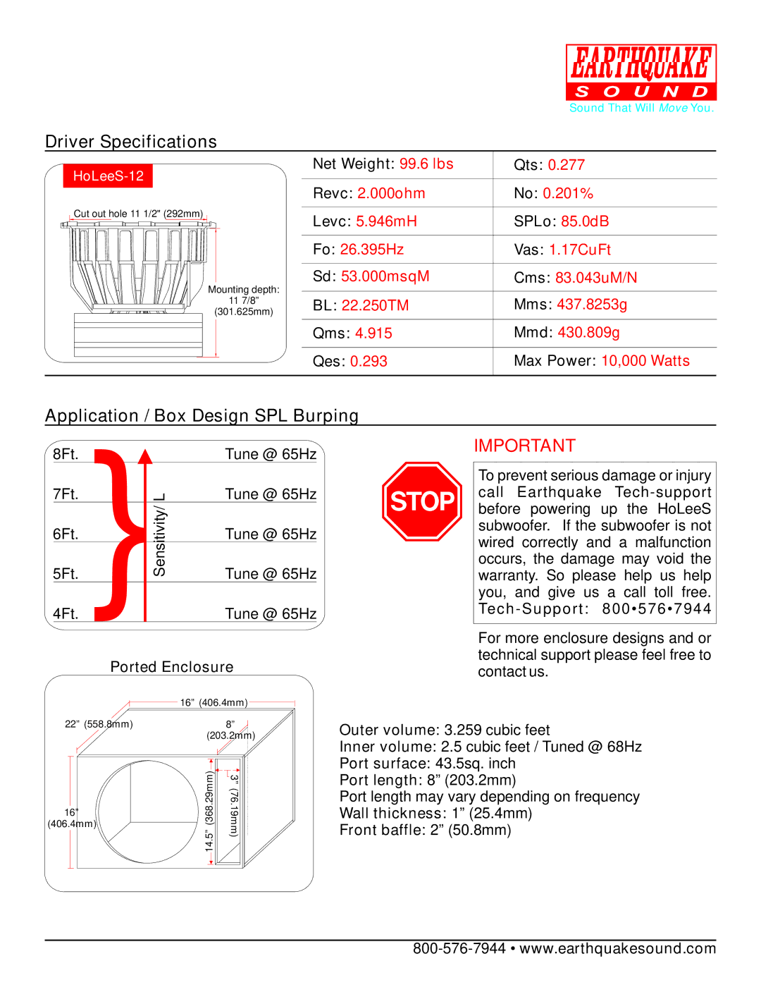 Earthquake Sound HoLeeS-12 warranty Driver Specifications, Application / Box Design SPL Burping 