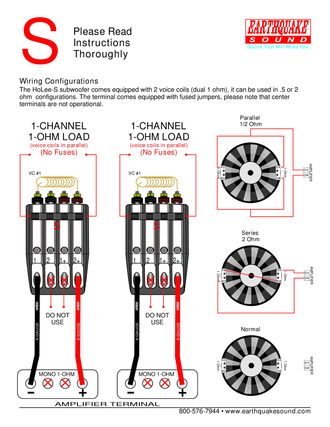 Earthquake Sound HoLeeS-12 warranty SPlease Read Instructions Thoroughly, Wiring Configurations 