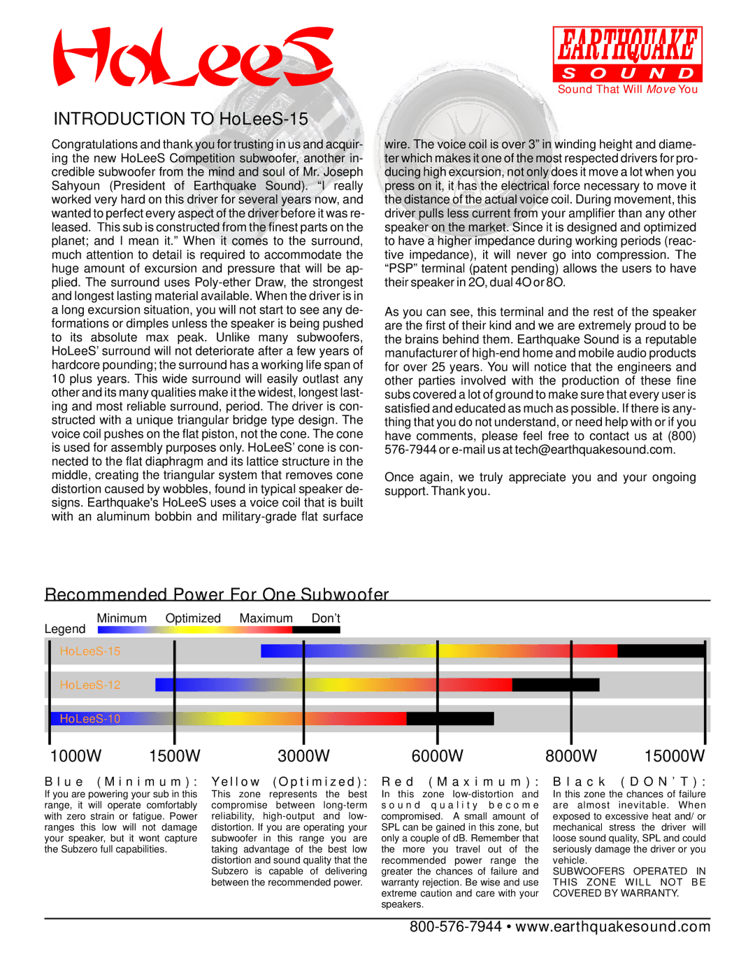 Earthquake Sound warranty Introduction to HoLeeS-15, Recommended Power For One Subwoofer, U e M i n i m u m 