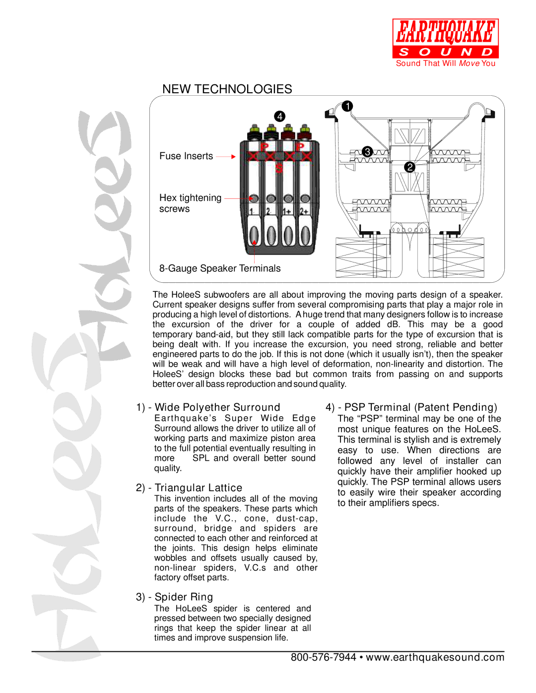 Earthquake Sound HoLeeS-15 warranty Wide Polyether Surround, Triangular Lattice, PSP Terminal Patent Pending, Spider Ring 