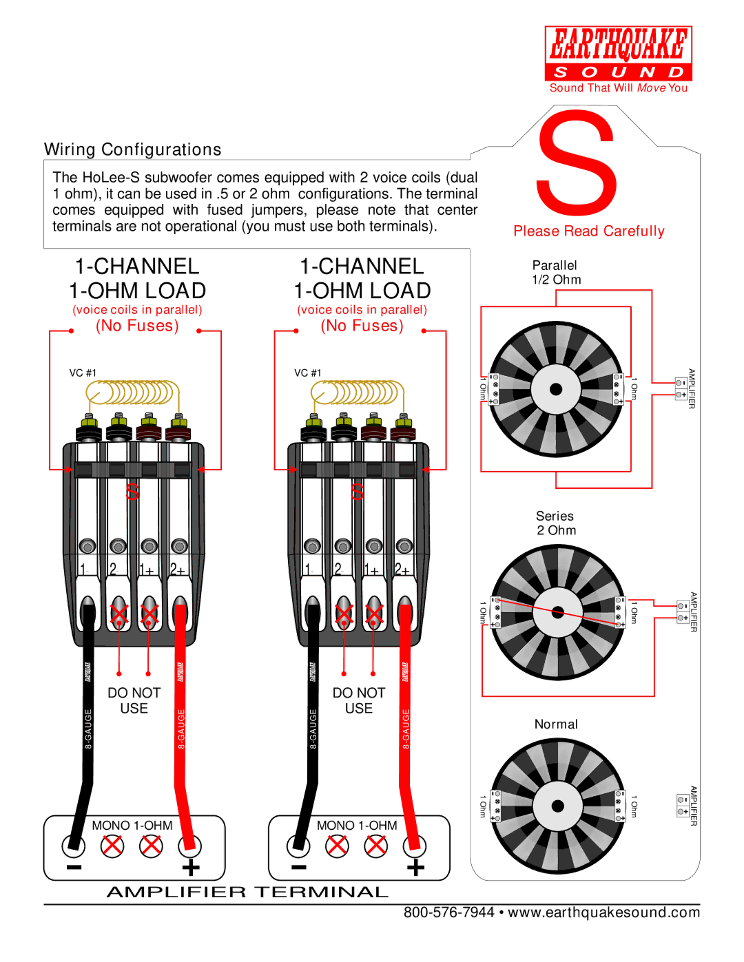 Earthquake Sound HoLeeS-15 warranty Channel OHM Load, Wiring Configurations 