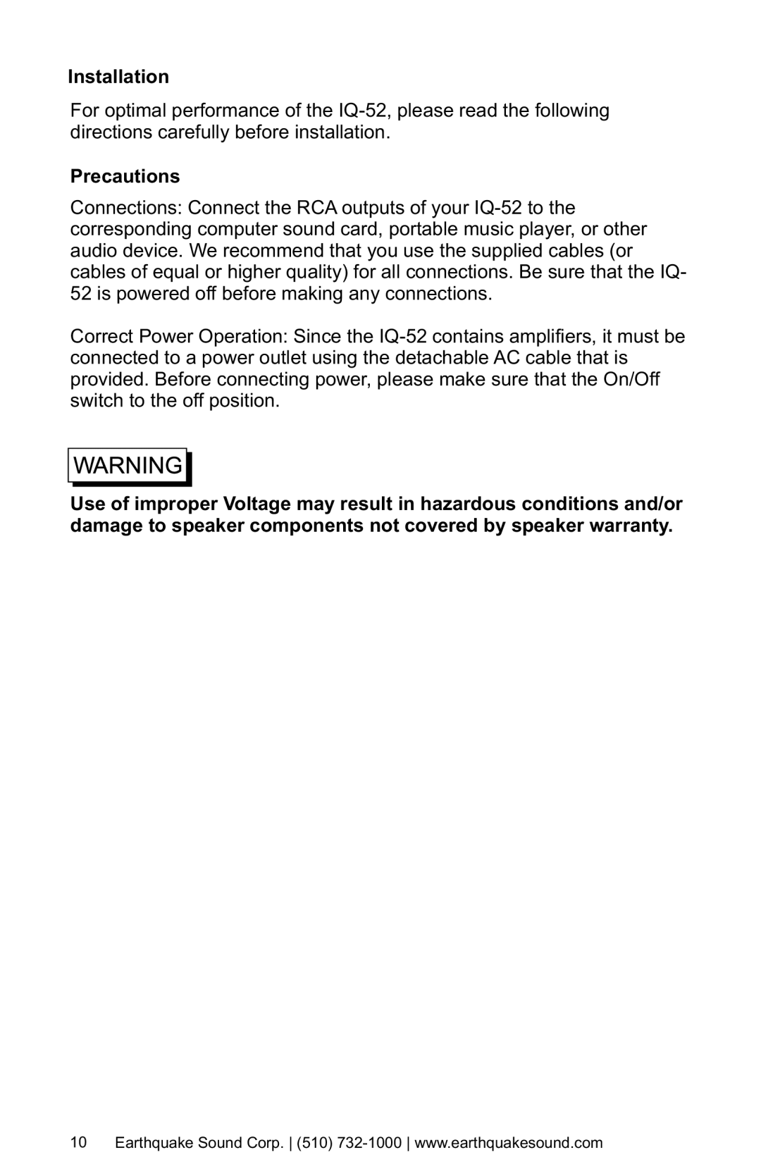 Earthquake Sound IQ-52S, IQ-52R, IQ-52P user manual Installation, Precautions 