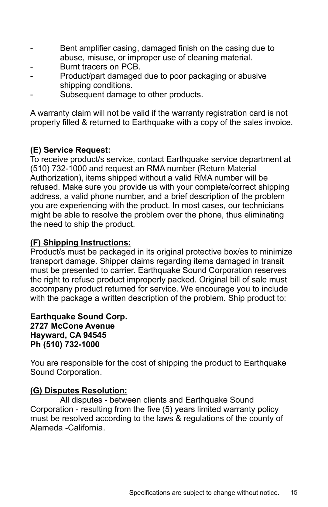 Earthquake Sound IQ-52R Service Request, Shipping Instructions, Earthquake Sound Corp McCone Avenue Hayward, CA Ph 510 