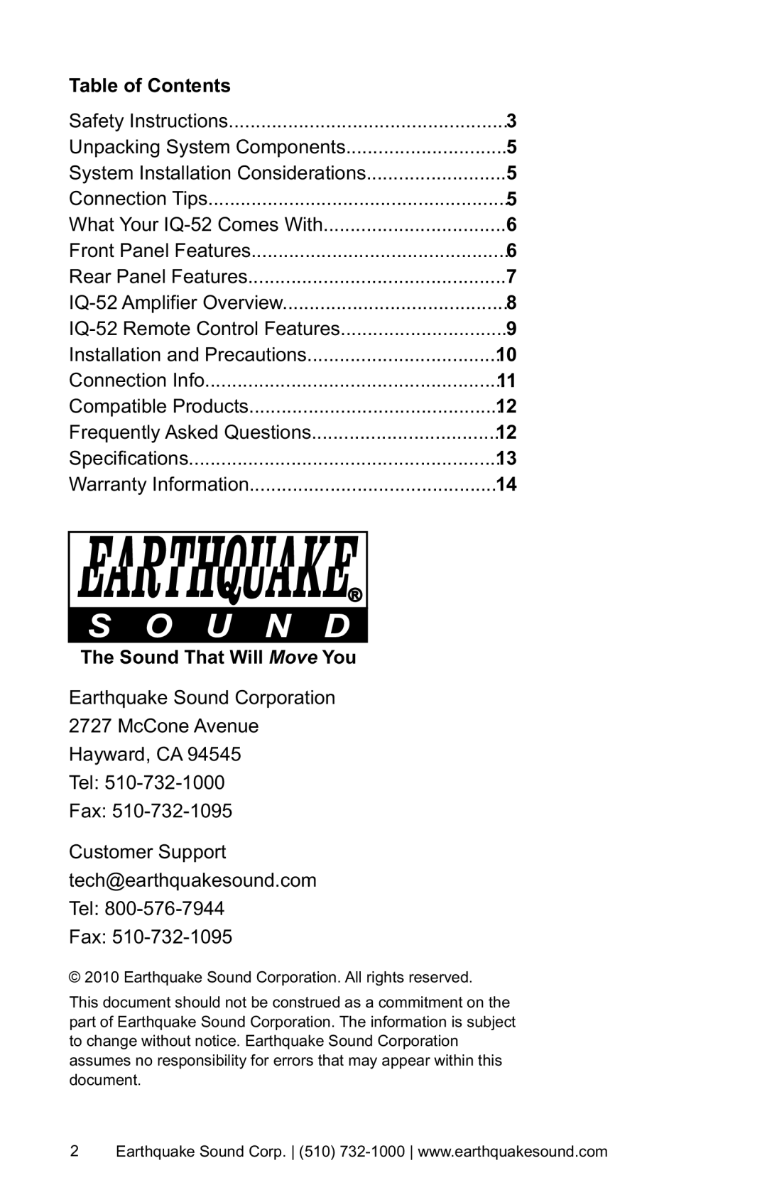 Earthquake Sound IQ-52P, IQ-52R, IQ-52S user manual Table of Contents, Sound That Will Move You 