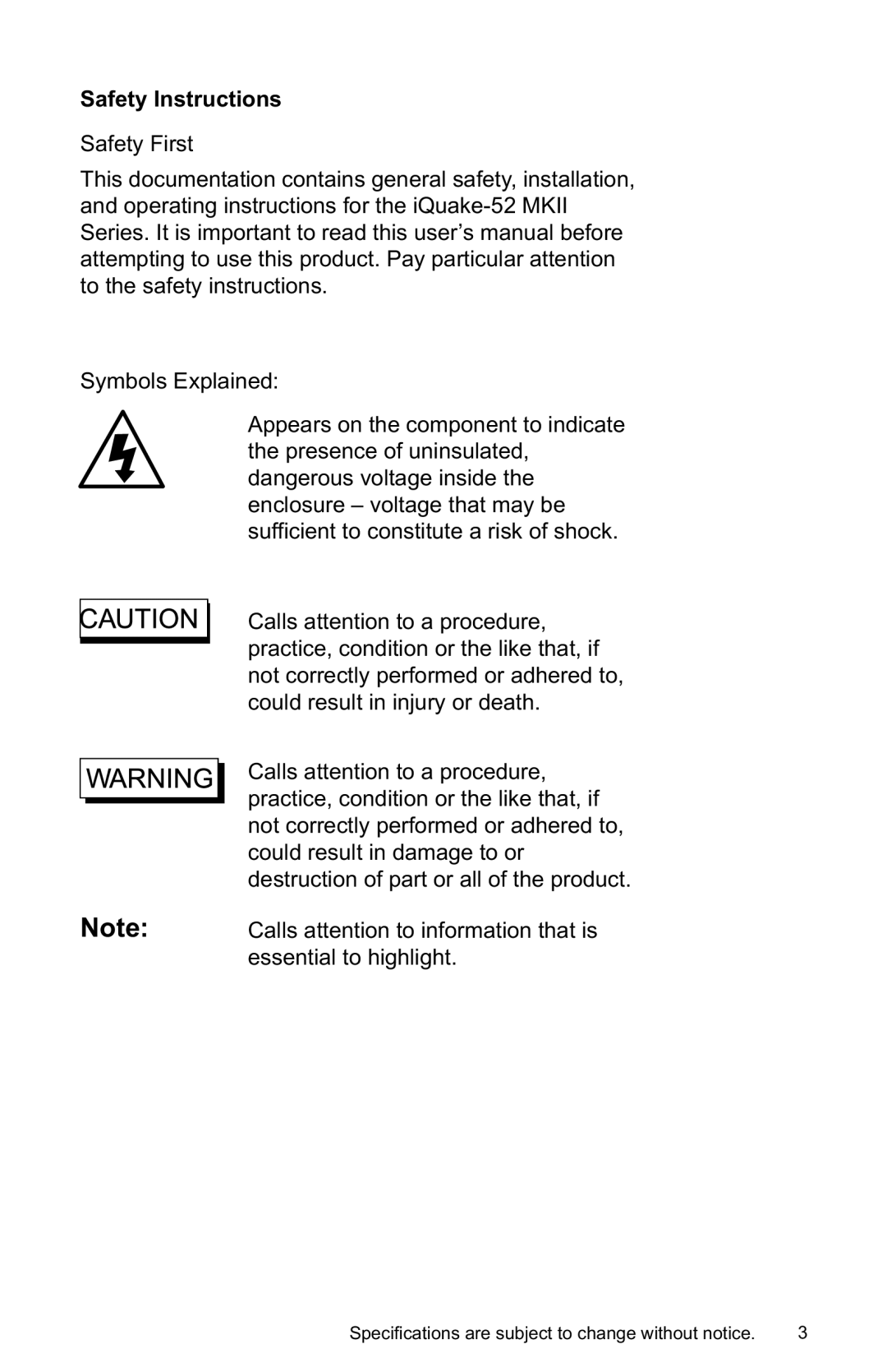 Earthquake Sound IQ-52R, IQ-52S, IQ-52P user manual Safety Instructions 