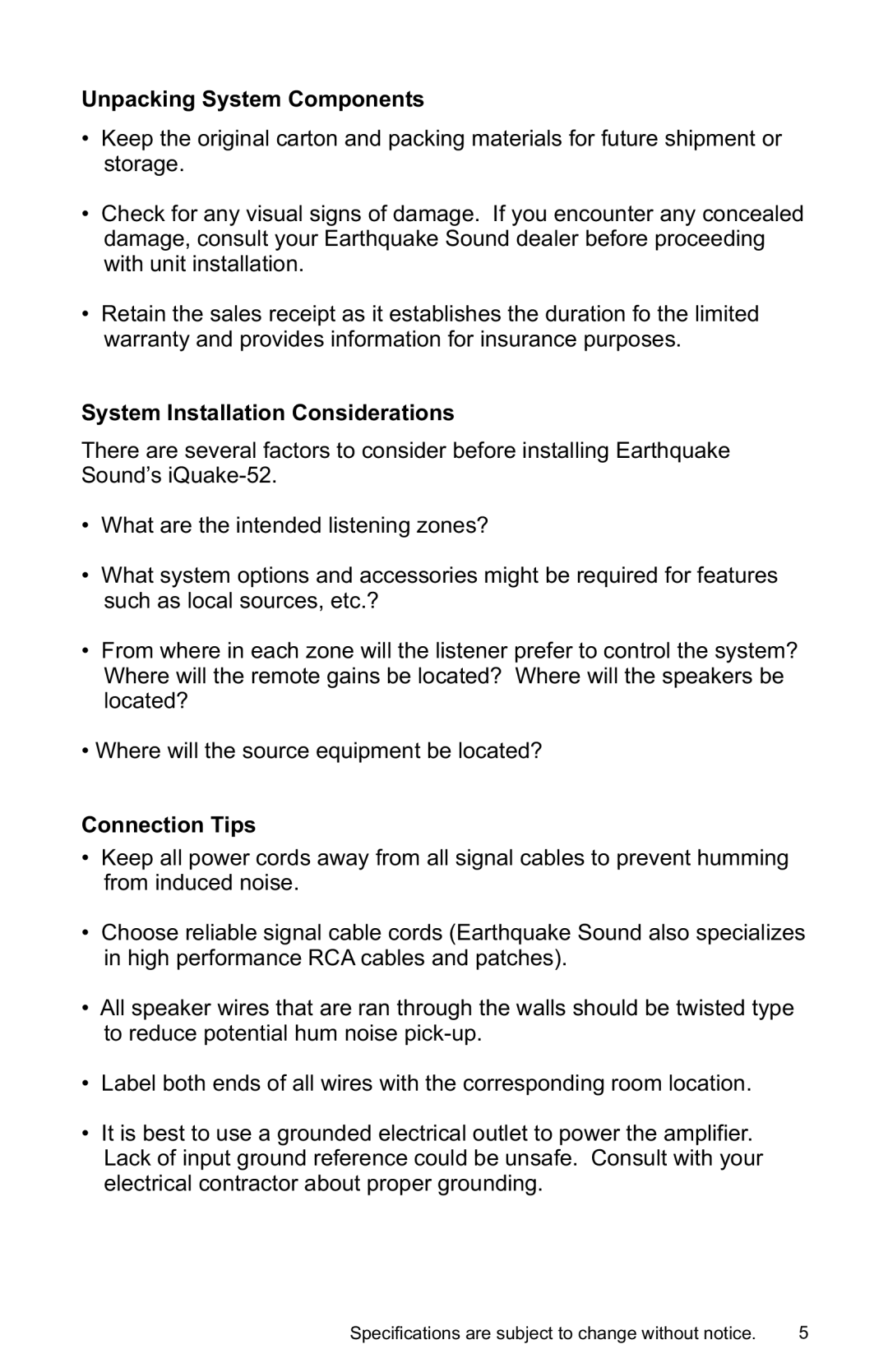 Earthquake Sound IQ-52P, IQ-52R, IQ-52S Unpacking System Components, System Installation Considerations, Connection Tips 