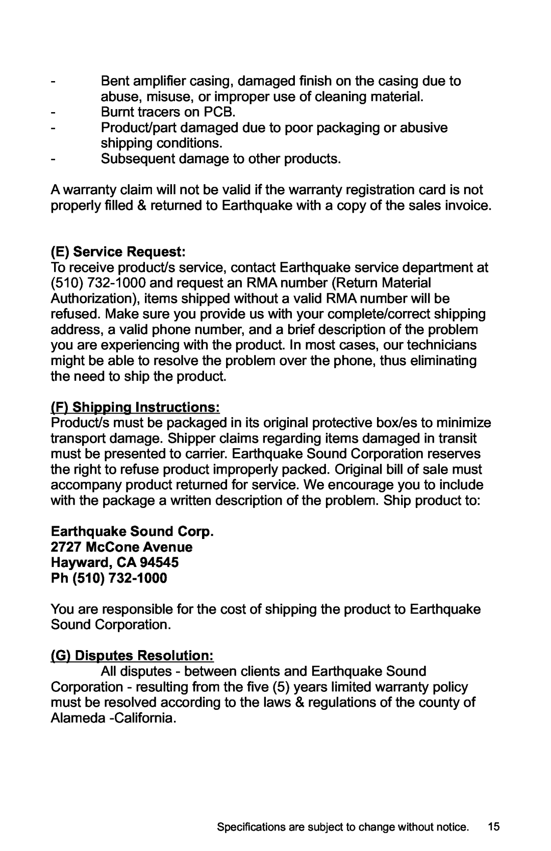 Earthquake Sound IQ-52R, IQ-52S, IQ-52P user manual E Service Request, F Shipping Instructions, G Disputes Resolution 