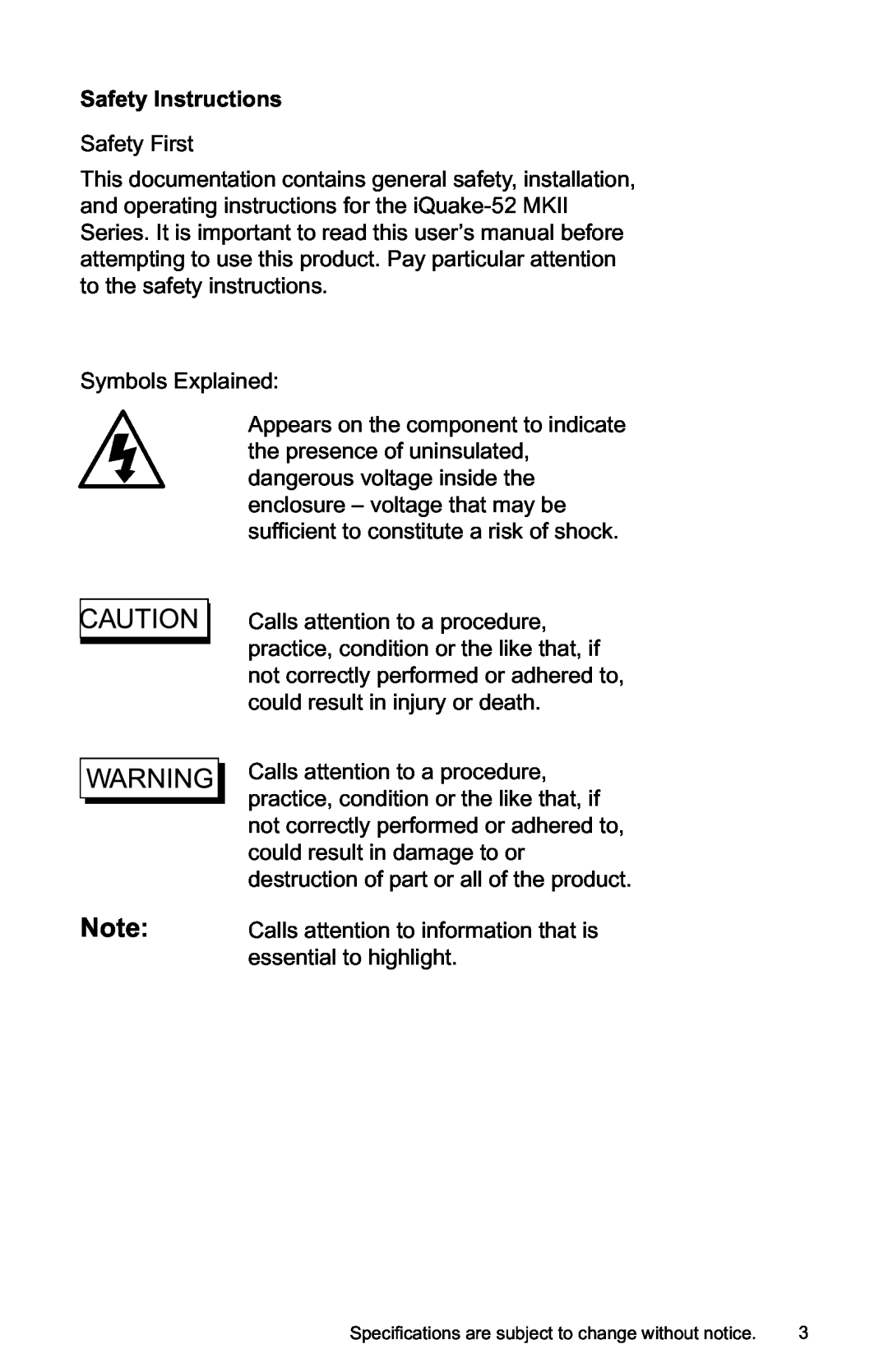 Earthquake Sound IQ-52R, IQ-52S, IQ-52P user manual Safety Instructions 