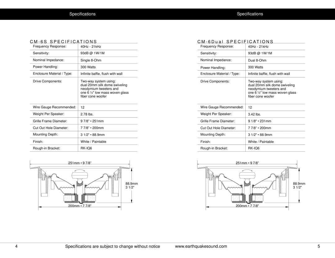 Earthquake Sound IQ Series specifications S Specification S, D u a l Specification S 