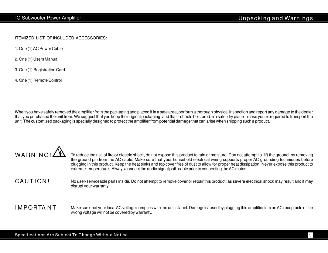 Earthquake Sound IQ1500 manual Unpacking and Warnings, Itemized List of Included Accessories 