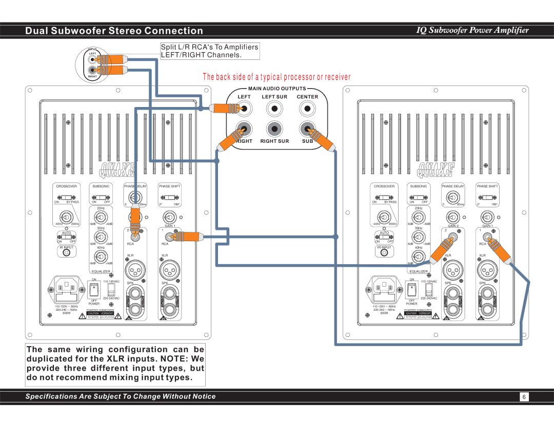 Earthquake Sound IQ1500 manual Dual Subwoofer Stereo Connection, Split L/R RCAs To Amplifiers 