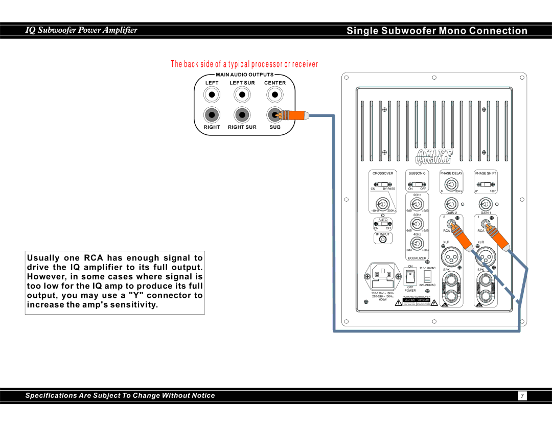 Earthquake Sound IQ1500 manual Single Subwoofer Mono Connection, Back side of a typical processor or receiver 