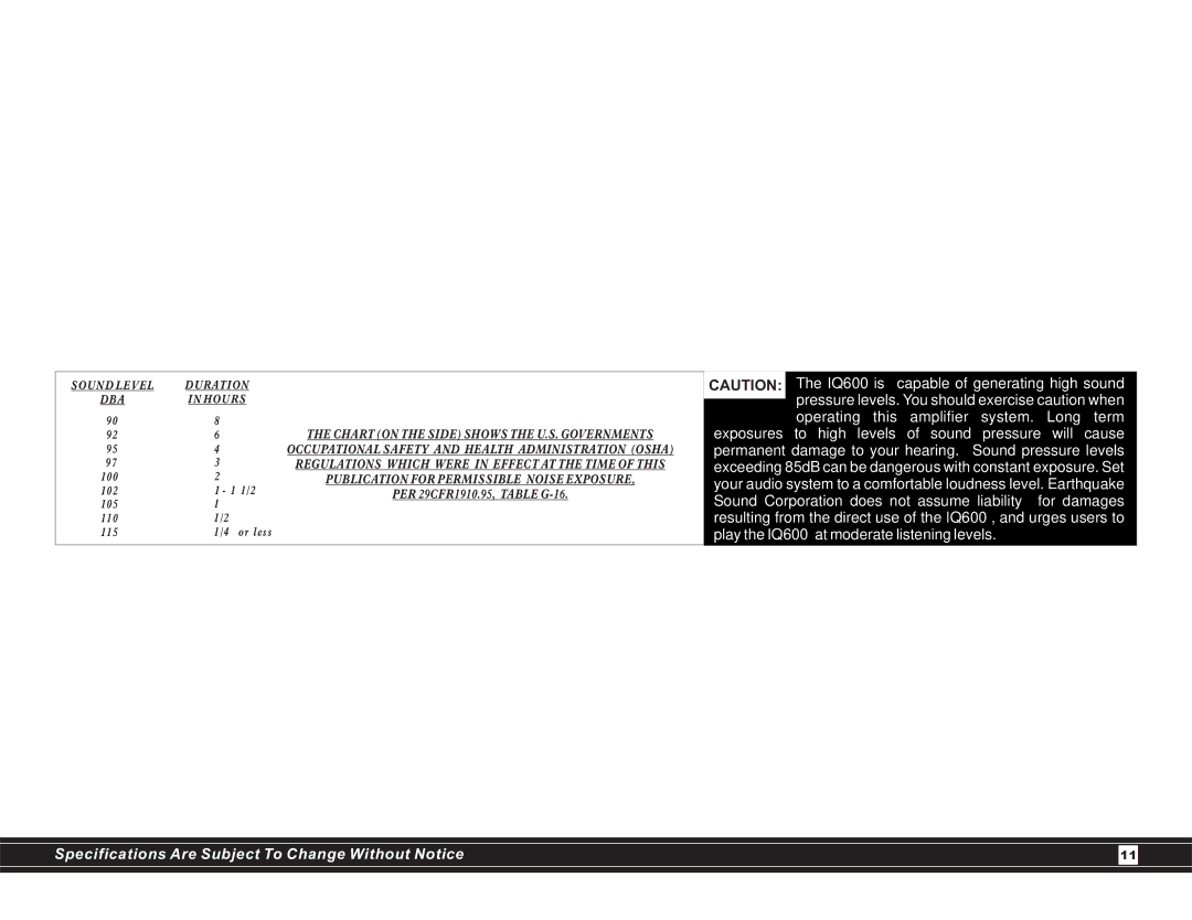 Earthquake Sound IQ600 user manual Publication for Permissible Noise Exposure 