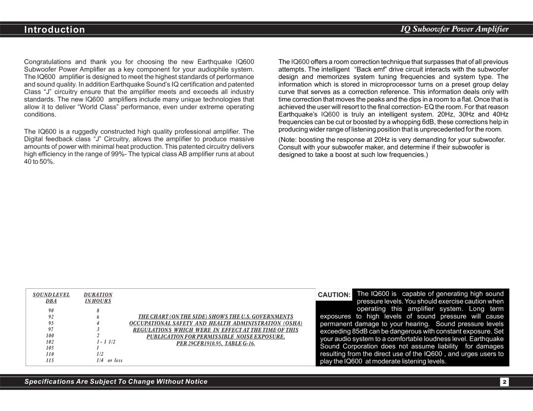 Earthquake Sound IQ600 user manual Introduction, IQ Suboowfer Power Amplifier 