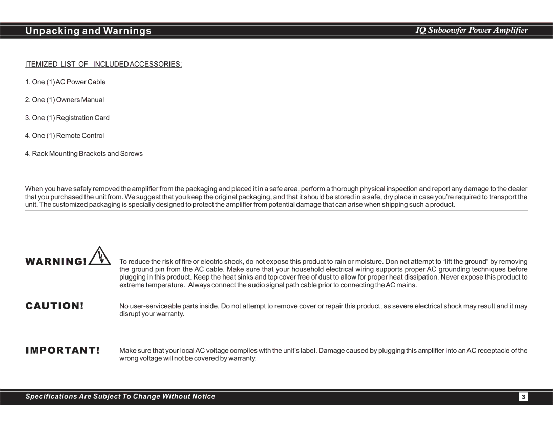 Earthquake Sound IQ600 user manual Unpacking and Warnings, Itemized List of Included Accessories 