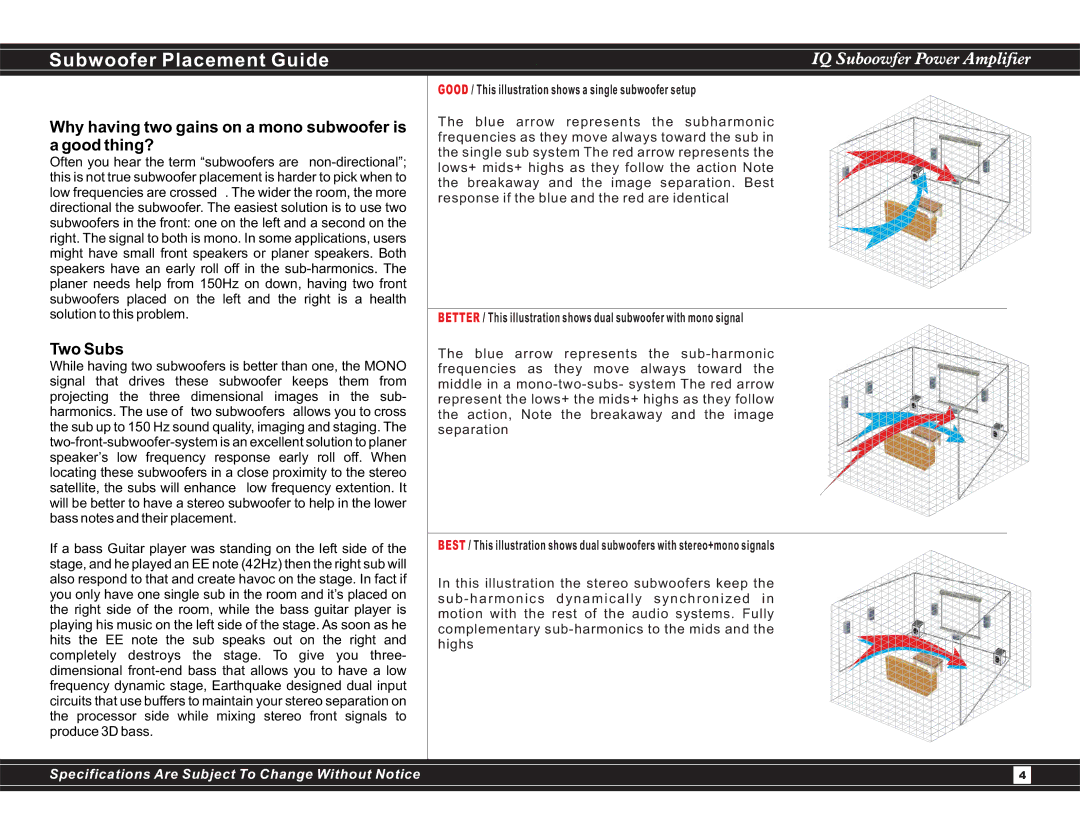 Earthquake Sound IQ600 user manual Subwoofer Placement Guide, Why having two gains on a mono subwoofer is a good thing? 