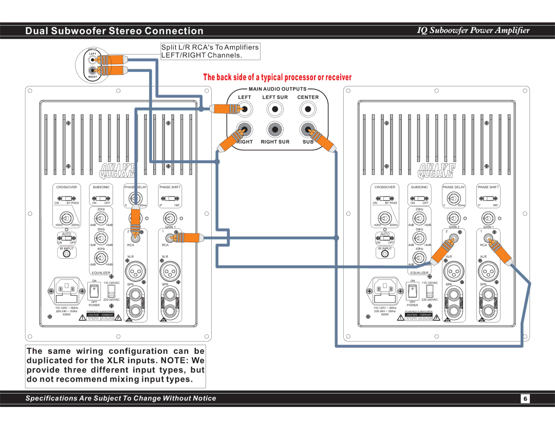 Earthquake Sound IQ600 user manual Dual Subwoofer Stereo Connection, LEFT/RIGHT Channels 