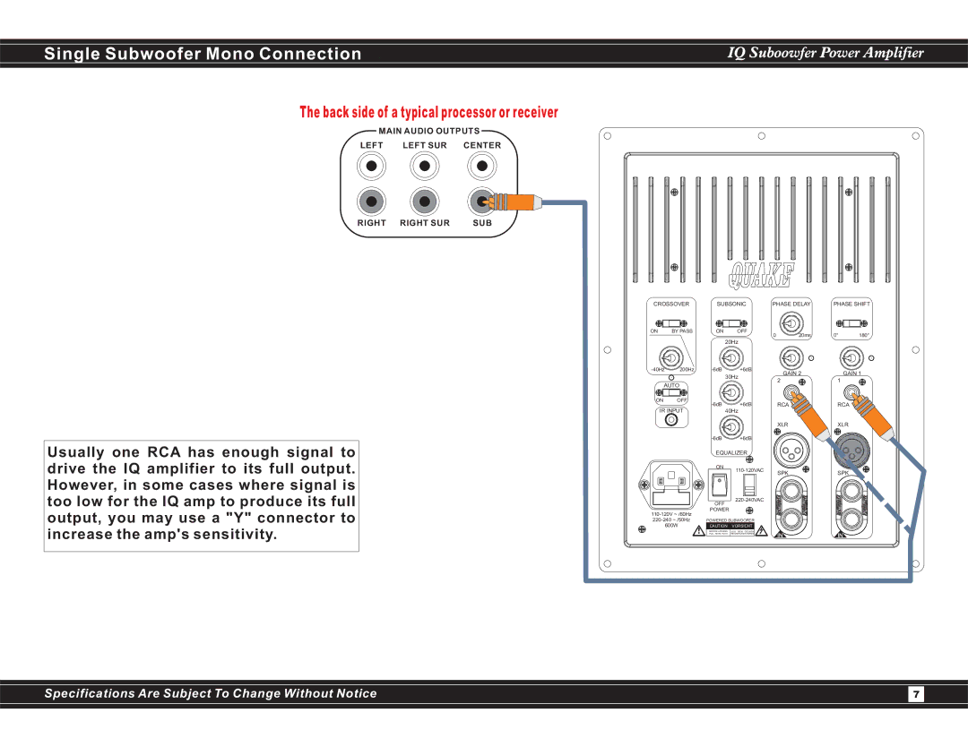 Earthquake Sound IQ600 user manual Single Subwoofer Mono Connection, Usually one RCA has enough signal to 