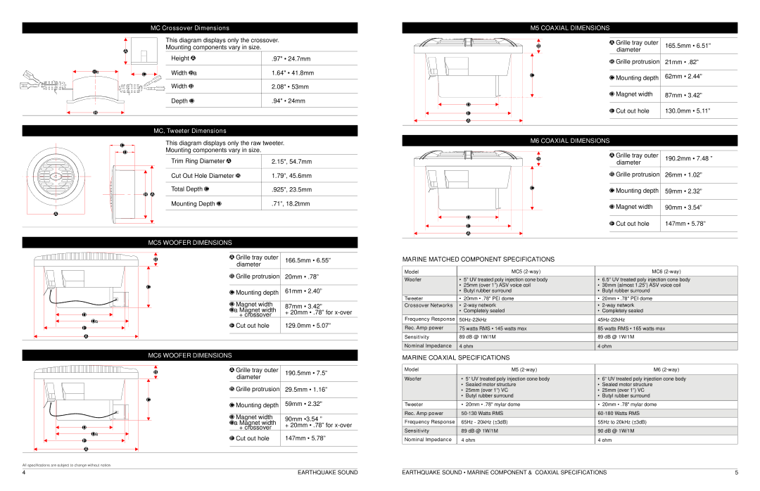 Earthquake Sound specifications M5 Coaxial Dimensions 