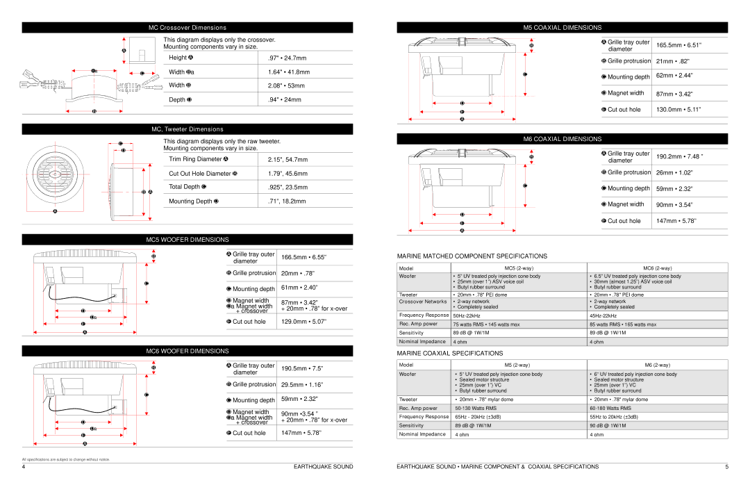 Earthquake Sound MC6 specifications M5 Coaxial Dimensions 