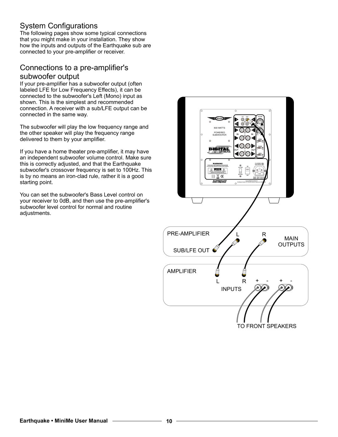 Earthquake Sound P12, P10 user manual System Configurations, Connections to a pre-amplifiers subwoofer output 